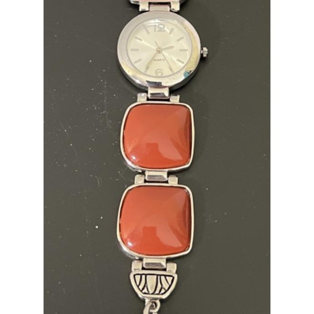 Silver Tone Chunky Bracelet Watch‎ Brick Red Burnt Orange